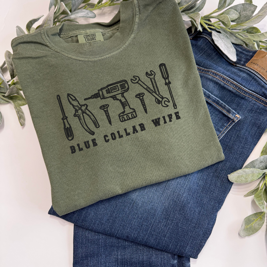 Embroidered Moss Green Blue Collar Wife Shirt
