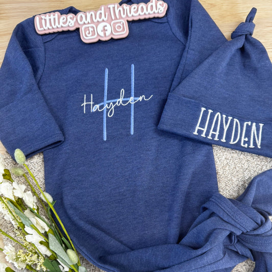 Custom Embroidered Baby Knotted Gown & Hat Set