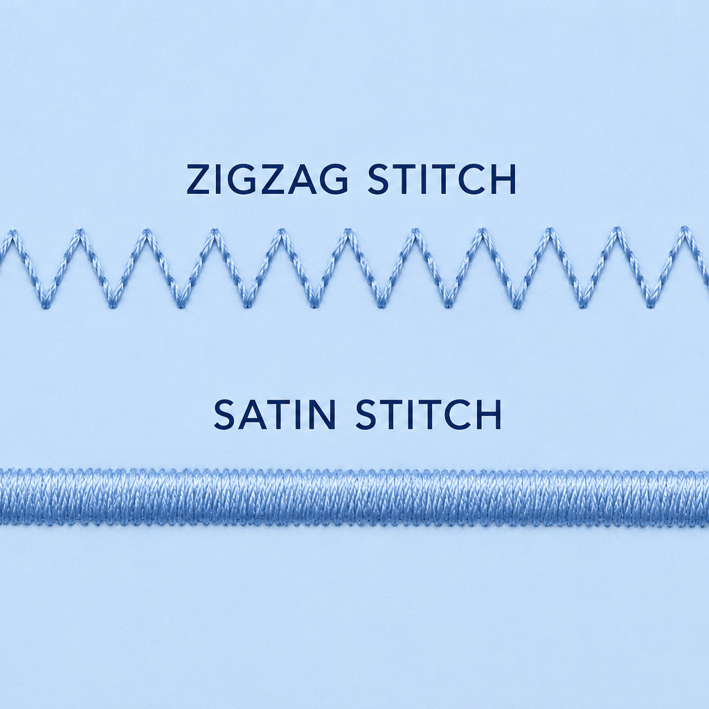 A light blue graphic showing two embroidery stitch styles labeled 'ZIGZAG STITCH' and 'SATIN STITCH'. The top stitch is a zigzag pattern, and the bottom stitch is a long satin-like straight stitch.