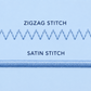 A light blue graphic showing two embroidery stitch styles labeled 'ZIGZAG STITCH' and 'SATIN STITCH'. The top stitch is a zigzag pattern, and the bottom stitch is a long satin-like straight stitch.
