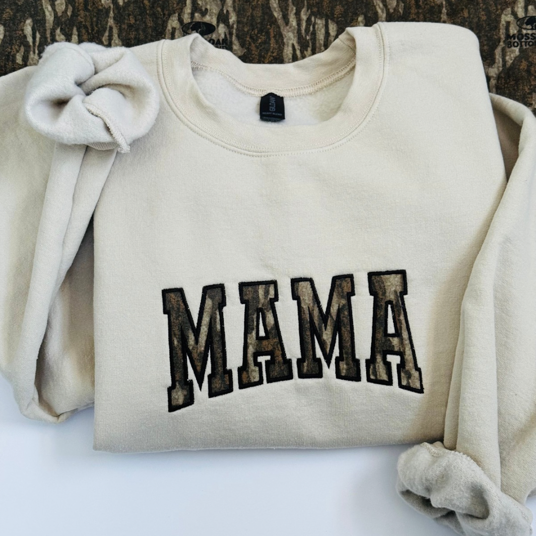 PRE ORDER- Embroidered Camo Mama Crewneck