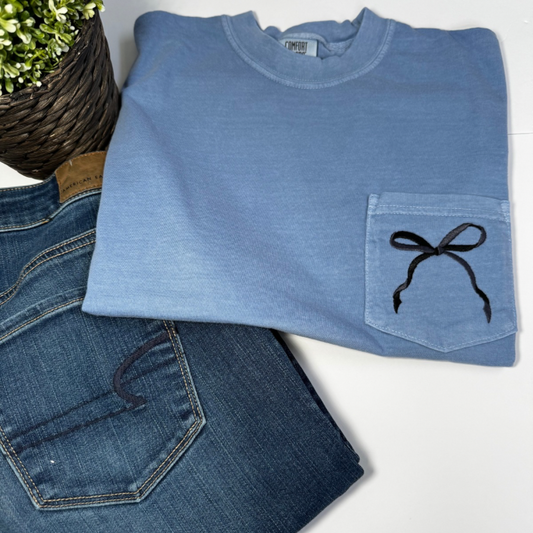 Two Toned Pocket Bow Embroidered Tee