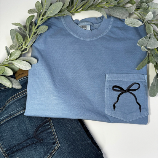 Two Toned Pocket Bow Embroidered Tee